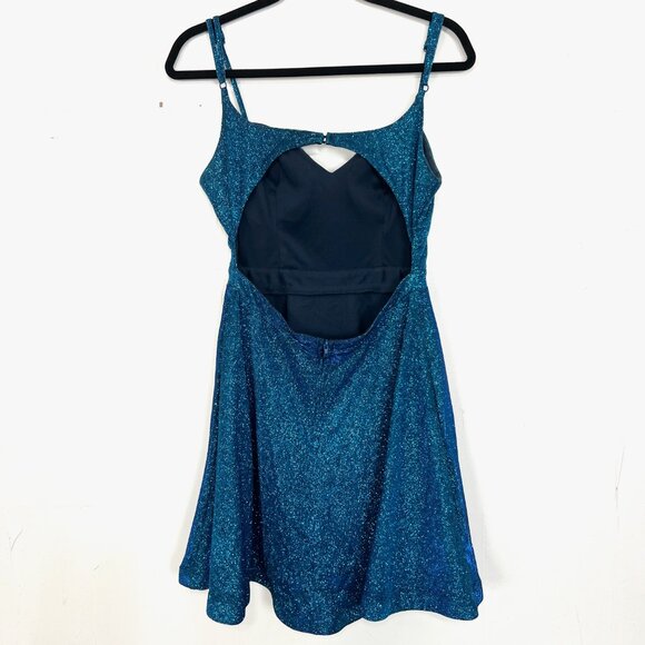 City Studio Turquoise Glitter Fit & Flare Dress Blue Padded Bust Pockets 9 - Picture 2 of 4